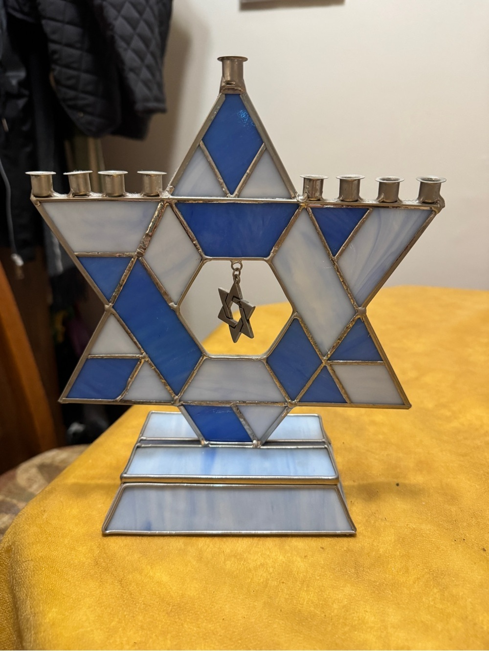 Stained Glass Star of David Menorah - Blue & White Panels